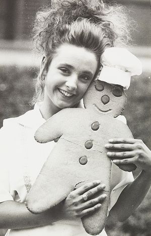 Truffels bakery in Marsh Lane Parade, Oxley, created a number of unusual products as part of National Bread Week to raise money for the children's charity, Barnardo's. The photograph shows Joanne Dean of Low Hill with a giant gingerbread man in June 1993.