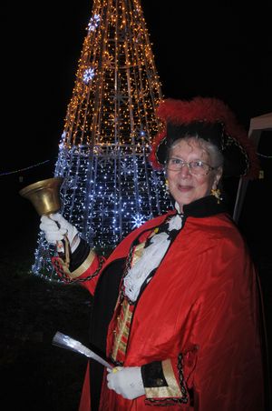 Town Crier Jan Swindale with a new golden Christmas tree, part of Llandrindod Wells lights display. Image: Andy Compton