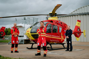 Midlands Air Ambulance critical care paramedics Mike Andrews and Pete Edwards with pilot Alastair Lees, at the charity's Cosford base.