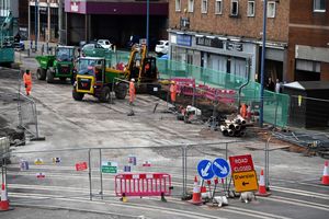The work going on at the back of Plaza Mall which has closed King Street in Dudley at its junction with Flood Street and restricted access for deliveries to stalls