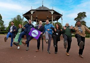 Mayor of Wolverhampton Craig Collingswood and supporters promotes the forthcoming Wolverhampton Recovery Walk, which ends at West Park after a march through the city
