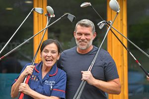 Saddlers' goalkeeping legend Jimmy Walker with Matron at Acorns Hospice Carmel Caldicott.