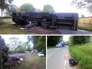 Supporting image for story: Engine left 20 METRES away from car and lorry lands on its side in crash near Whitchurch