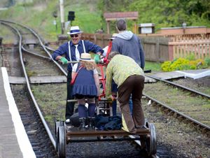 Paula Griffiths, Samantha Cottrell, Eric Linford and Geoff Harsley, from the Railwaymans Arms pub in Bridgnorth, at Hampton Loade station