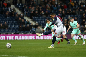WEST BROMWICH, ENGLAND - MARCH 11: Karlan Grant of West Bromwich Albion scores a goal to make it 1-2 from the penalty spot during the Sky Bet Championship match between West Bromwich Albion and Huddersfield Town at The Hawthorns on March 11, 2022 in West Bromwich, England. (Photo by Adam Fradgley/West Bromwich Albion FC via Getty Images).