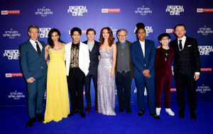 The cast and crew of Ready Player One (from left to right) Ben Mendelsohn, Hannah John-Kamen, Win Morisaki, Tye Sheridan, Olivia Cooke, Steven Spielberg, Lena Waithe, Philip Zhao and Simon Pegg attending the European Premiere of Ready Player One held at the Vue West End in Leicester Square, London