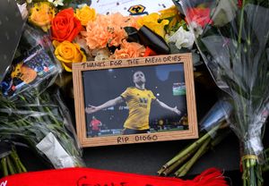 Floral tributes at Molineux Stadium, Wolverhampton, in memory of Diogo Jota.
