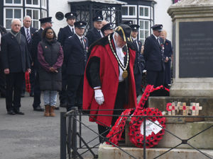 Kington Mayor Councillor Phillip Sell lays a wreath on behalf of Kington Town Council. Pic by Karen Compton