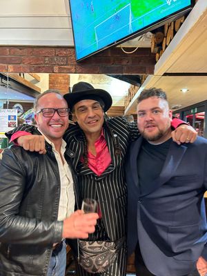 It's Chico time!: Chico Slimani (centre) of X Factor fame with owners of The Salopian Bar Ollie Parry (left) and Kev Rippard