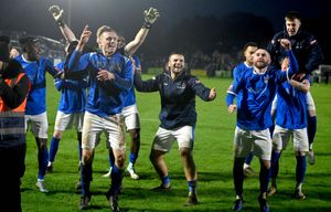 Halesowen players celebrate with the fans
