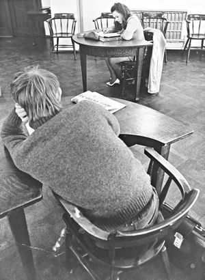 Wulfrun College, Wolverhampton, November 1969: 'Ann Taylor, of Cannock, who is studying a chemical technicians course at the Wulfrun College, pops into a study room of the building specially  reserved for students. At night the room is used by outside organisations.' 