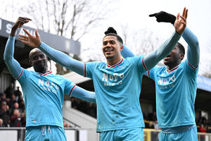 Priestley Farquharson celebrates scoring Walsall's second goal against Harrogate. (Owen Russell)