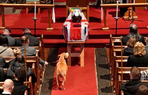Luke's dog Yogi says goodbye during the service.