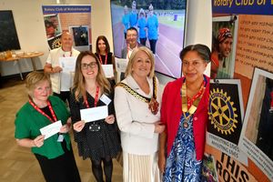 Paula Anderson (Wolverhampton MS Centre), Holly Parry (Central Youth Theatre), Mayor of Wolverhampton Councillor Linda Leach, Wolverhampton Rotary President Lorraine McCarthy, Earl Edwards, Steph Onions and Brian Slater celebrated the success of the event