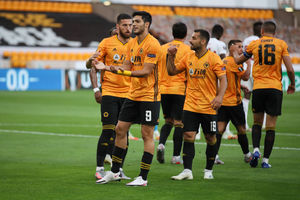 Raul Jimenez of Wolverhampton Wanderers celebrates after scoring a goal to make it 1-0.