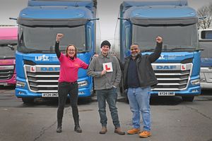 Alex Jeavons (middle) with the HGV School iN Willenahll general manager Kate Sanders (L) and Driver trainer Sukhjit SIngh (R).