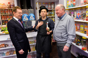 Andy Street and Mike Bird with Mark Smith from the Sweet Shop