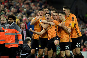 Pedro Neto of Wolverhampton Wanderers celebrates after scoring a goal to make it a disallowed goal ruled out by VAR. (AMA/Sam Bagnall)
