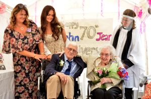 John Cook, 95, and his wife of 70 years, Jean Cook, 90, celebrate their platinum wedding anniversary at Bradeney House, Worfield. Also celebrating was their daughter Penny Lee, grandaughter Charlotte Lee, and vicar Jeannetta Stokes