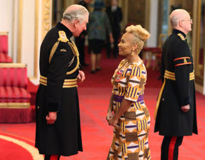 Emeli Sande being made a Member of the Order of the British Empire (MBE) by the Prince of Wales during an investiture ceremony at Buckingham Palace, London