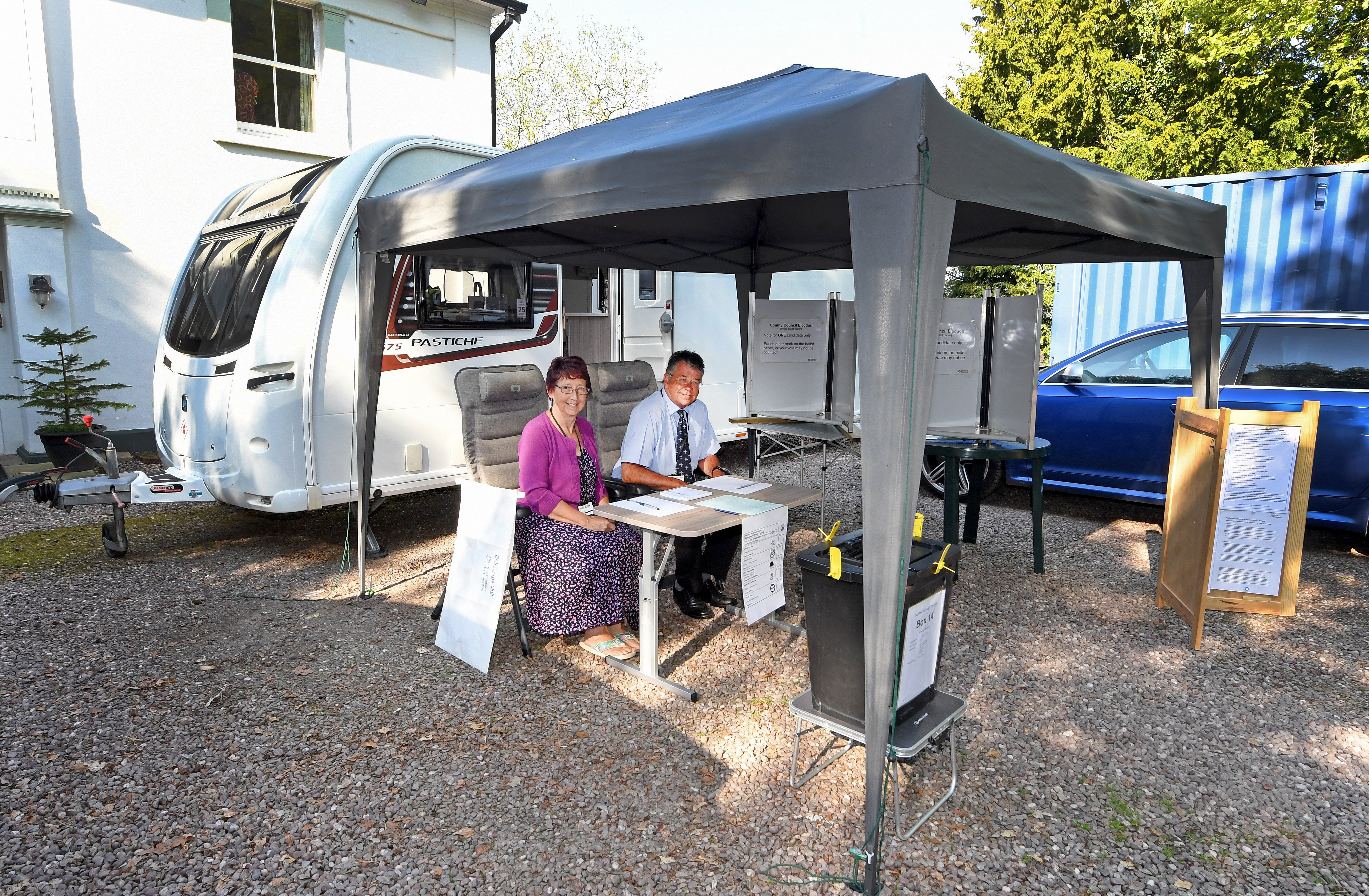 Anita and Mike Winks at the caravan polling station in High Offley, Eccleshall.