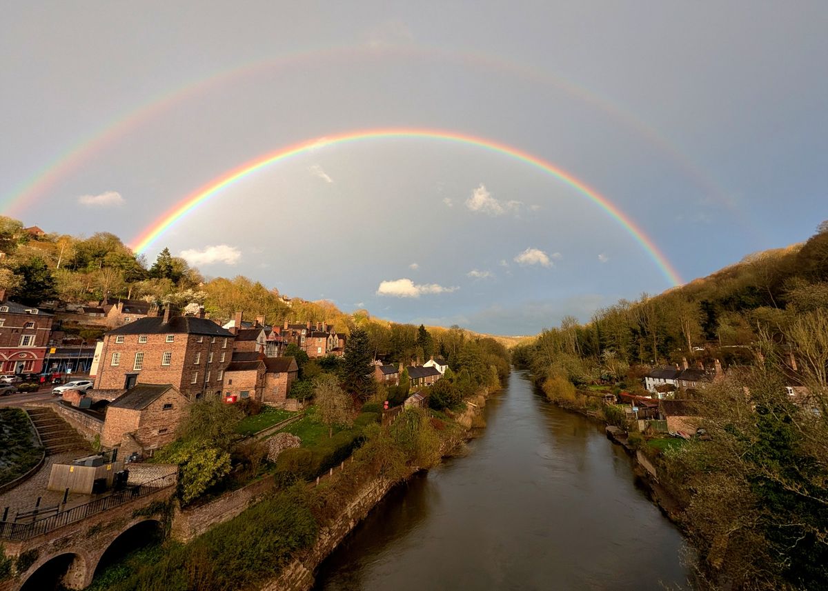 Double rainbow arcs over Ironbridge - gorge lights up after afternoon showers