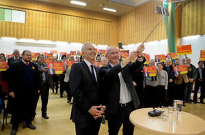 Tony Blair and Pat McFadden pose for a selfie with Labour supporters in Wolverhampton South East