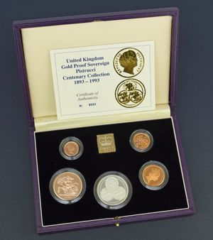 The Royal Mint gold proof sovereign Pistrucci centenary collection which sold for £3,400.