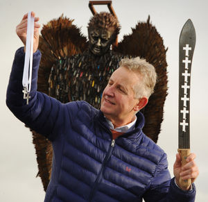With crosses made from confiscated knives, Clive Knowles, at the home of the Knife Angel, British Ironwork Centre, Oswestry