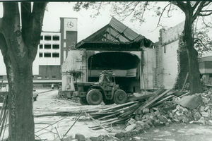 A tractor demolishing Cannock's 75-year-old Forum Theatre in Market Hall Street which was knocked down in May, 1985, to make way for new shops. The Forum was launched as a variety theatre but later became a cinema and dance hall before reverting back to its dramatic role. Its private owners sold the building to Cannock Chase Council for £27,000 in 1962 and the venue was later replaced by the £1.25 million Prince of Wales Centre, Church Street. 