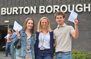 Burton Burough School principal Caroline Bedford with  Amelia White and Lucas Curbishley