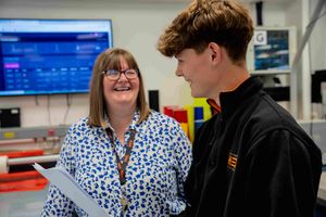Karen Barnacle, People & Culture Director at The HEX Group, with Lewis Dilks, Second Year Level Three Graphics and Signage Apprentice at The HEX Group