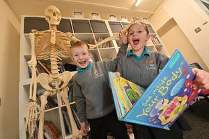 'Boney Tony' with Tilstock students, George, 6, and Willow, 7