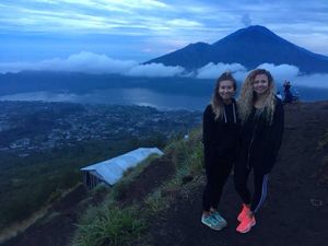 Lucy and her sister Lauren at the summit of Mount Batur
