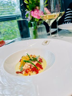 Poached lobster with Yellow pepper emulsion, Jersey Royals, sea vegetables and caviar at the Legends Lounge at Villa Park