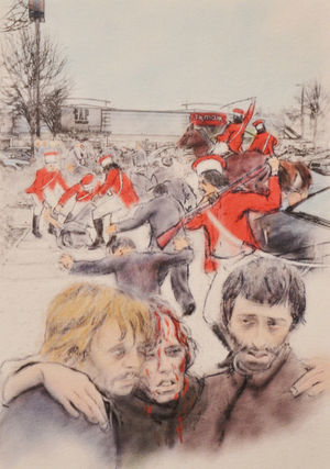 Andrew Naylor's drawing relates the events to their modern setting – note the shops in the background.