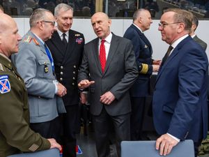 John Healey co-chaired a meeting of the Ukraine Defence Contact Group (Geert Vanden Wijngaert/AP)