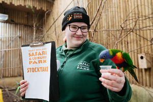 Kirsten Massey with some lorikeets at West Midland Safari Park