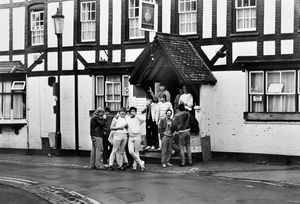 A group of drinkers outside The Ball Hotel in Bridgnorth, circa May 1985.