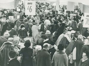 Reference: MMNAMMGLPICT000001458590It might be Budget day, but it is unlikely the Chancellor will be able to turn back the clock to the time when shoppers could snap up suits for \u00a36 each, as the crowds at Wolverhampton\u2019s Beatties store did in January, 1969Used for letters page September 25 2004.Used for letters page again March 12 2008. Loaded LETTERS1 12MAR.jpg from Images/weslocal/scans/ on 11/03/2008 colour print