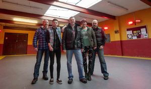 Inside the Mucklow Hill scout hut (left to right) are Dave Williamson, Matt Green from Bittersweet Revenge, group scout leader Neil Hobson, assistant group scout leader Emma Tedstone, and J.B from Vicous Nature