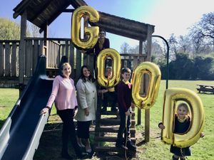 Head of school Sophie Bartlett (left) executive headteacher Shelley Reeves-Walters and pupils celebrate their Ofsted report