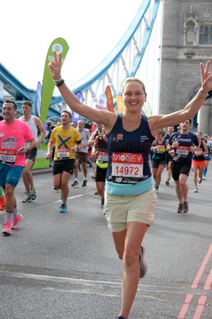 Charlotte crossing Tower Bridge at London Marathon