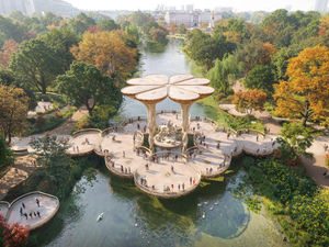 One of the design concepts for the national memorial to Elizabeth II showing a lily pad canopy above a statue of the Queen