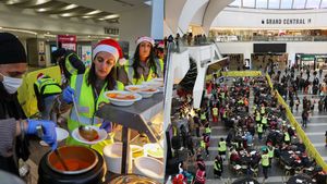 Images show volunteers serving food to around 200 homeless and vulnerable people in Birmingham New Street Station on Christmas Eve.