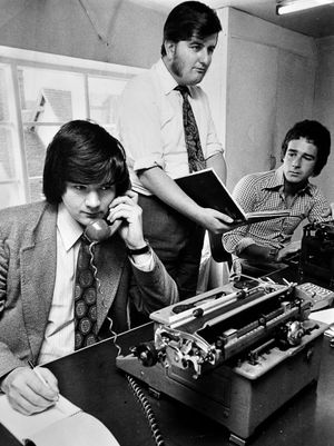 Young John, left, in the Bridgnorth office of the Shropshire Star and Bridgnorth Journal, with Melvyn Morgan and Andy Webb.