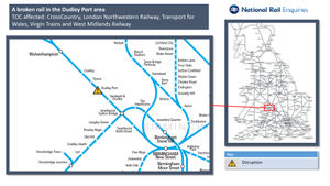 A National Rail graphic showing where the broken rail is