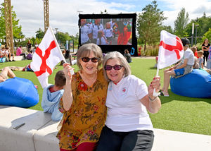 LAST COPYRIGHT MNA MEDIA TIM THURSFIELD 31/07/22.England fans watch the Women's Euro Final on the big screen at Southwater, Telford..Doreen Edmond and Heather Aston..