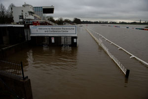 Flood water covers the racecourse at Worcester after heavy rain