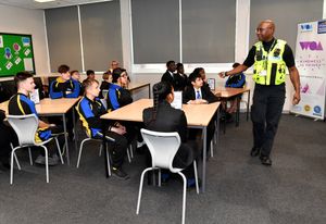 PC Huey Treasure spoke to children at Wodensborough Ormiston Academy in Wednesbury about knife crime and reporting incidents